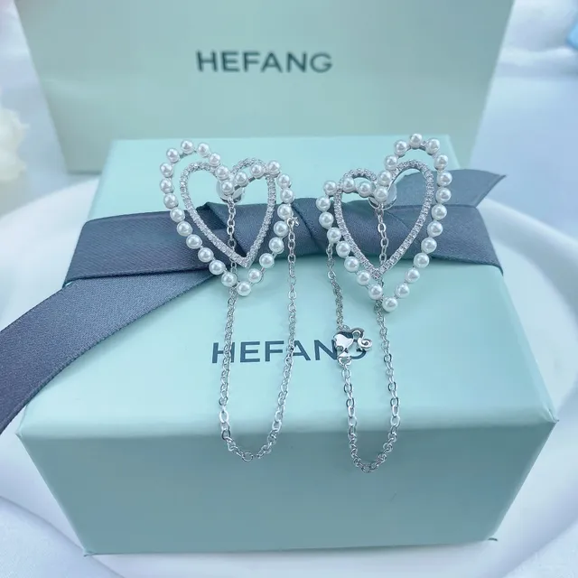 HEFANG Heart-Shaped Pearl and Crystal Dangling Earrings 6