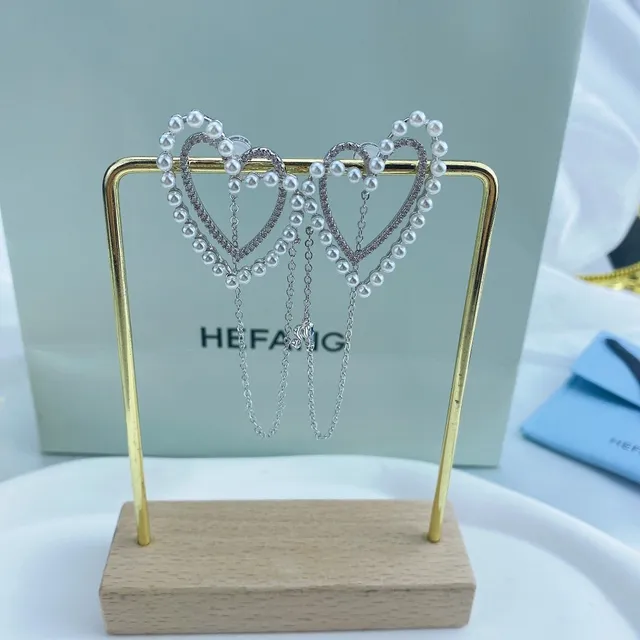 HEFANG Heart-Shaped Pearl and Crystal Dangling Earrings 7