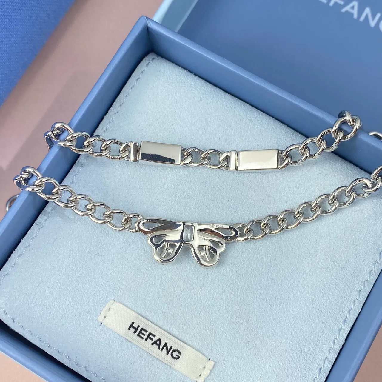 HEFANG Silver Curb Chain Butterfly Pavé Pendant Necklace 6