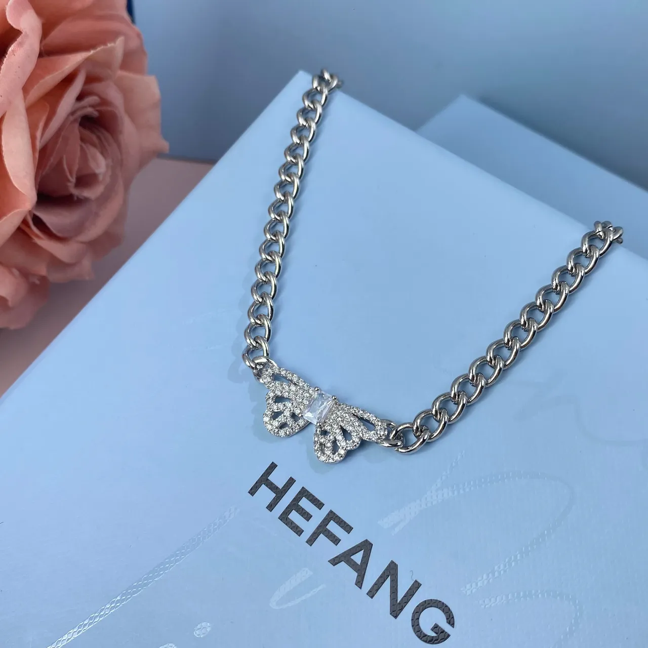 HEFANG Silver Curb Chain Butterfly Pavé Pendant Necklace 8
