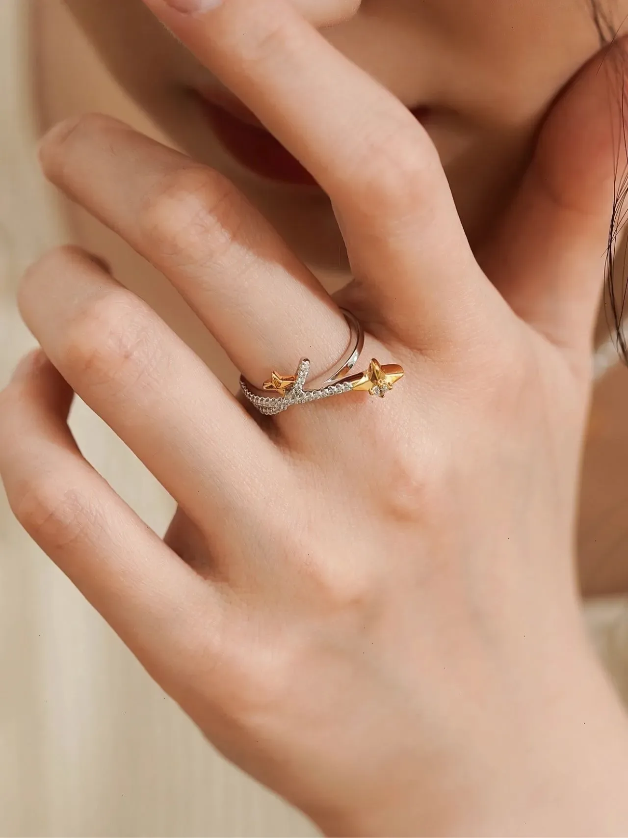 HEFANG نقش النجم Pavé Two-Tone خاتم 2