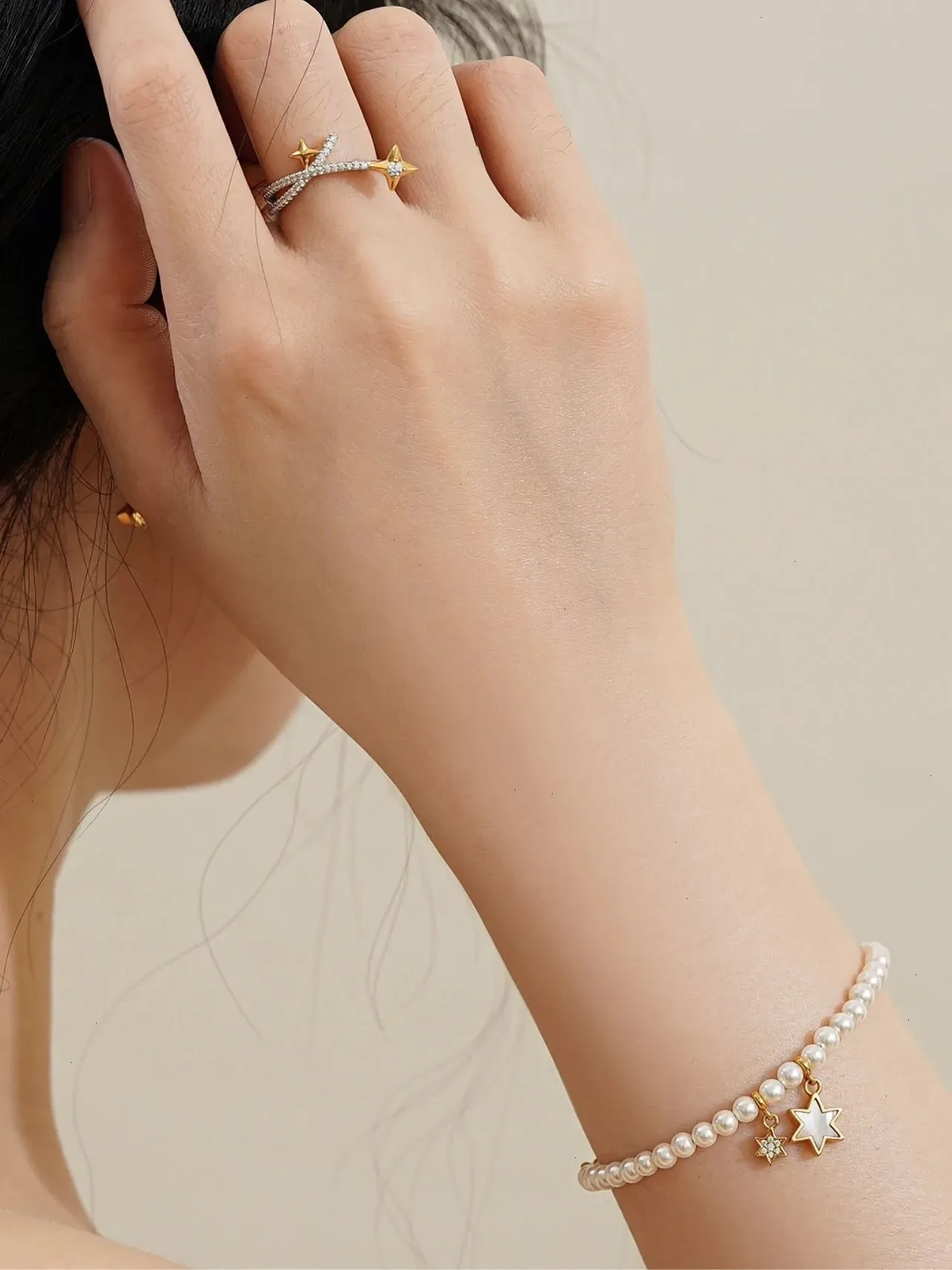 HEFANG نقش النجم Pavé Two-Tone خاتم 3