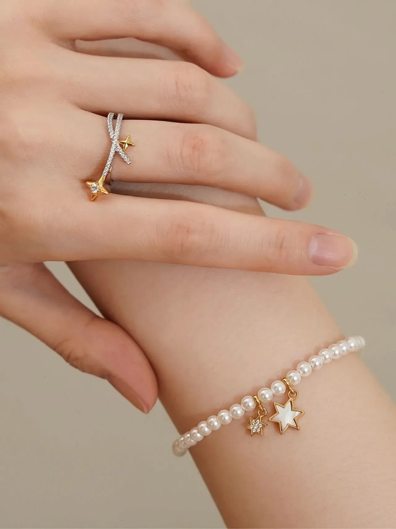 HEFANG نقش النجم Pavé Two-Tone خاتم 4