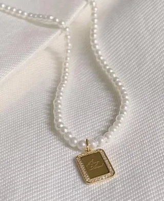 HEFANG White Gold Pearl Strand Rectangular Pavé-Edged Pendant Necklace 6