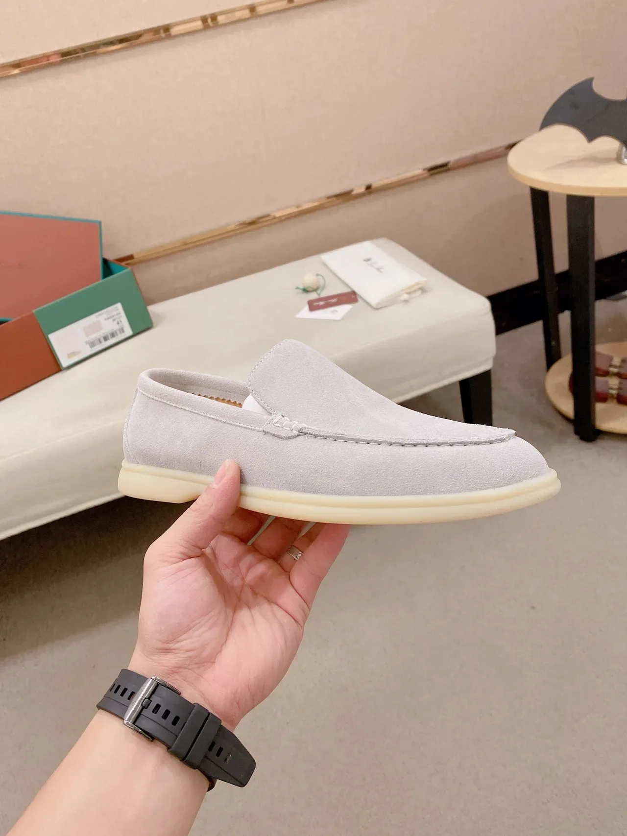Light Pink Suede Moc-Toe Slip-On Loafers 4