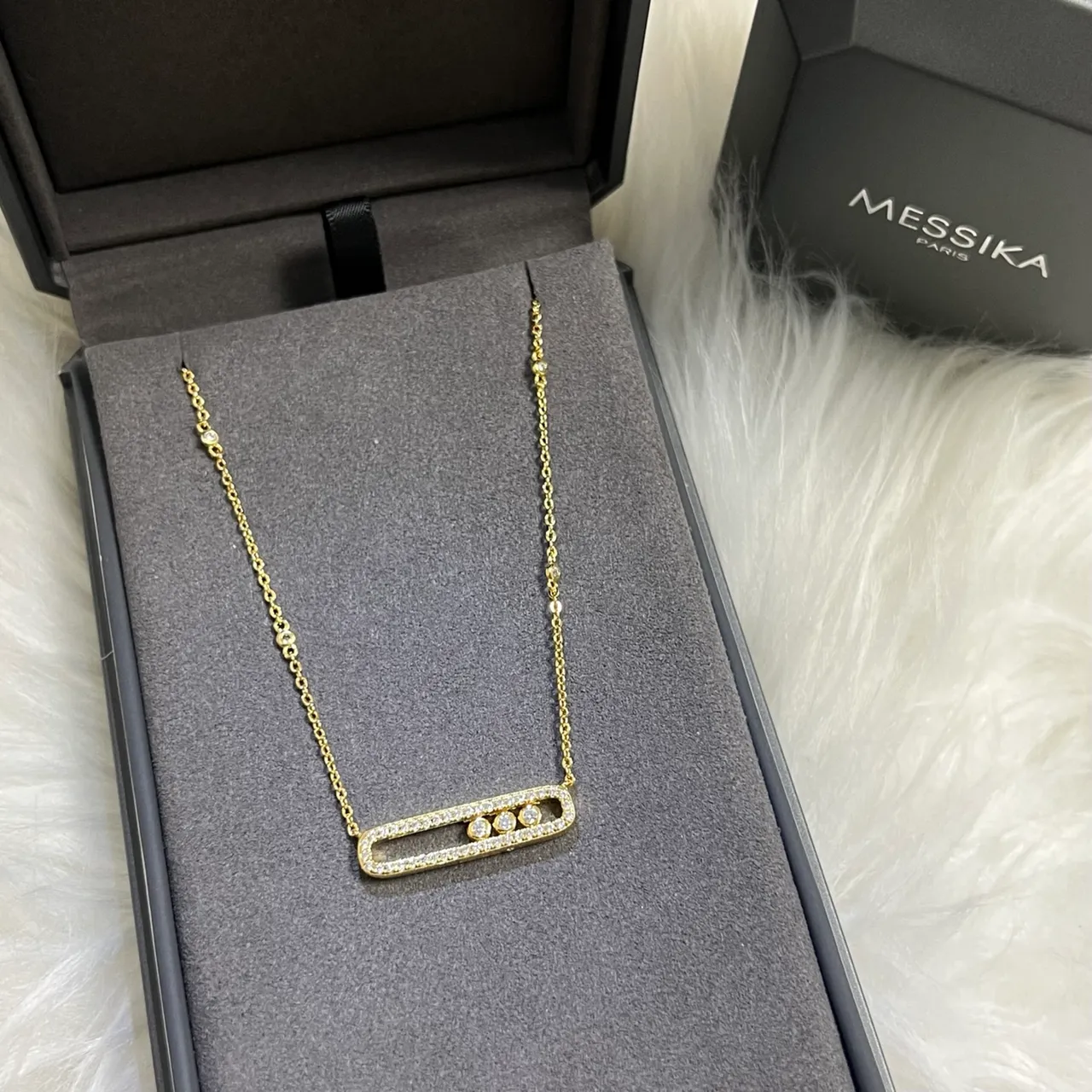 Messika Move Uno সাদা রূপা Pavé-Set আয়তক্ষেত্র বার পেন্ড্যান্ট তিনটি স্লাইডিং গোল ডায়মন্ড নেকলেস 3
