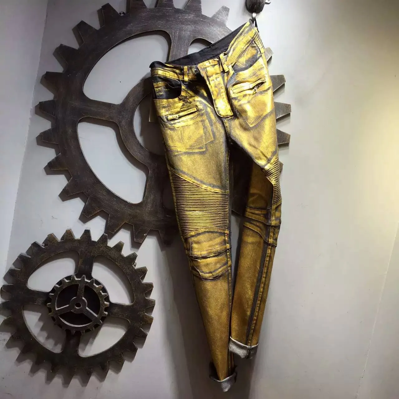 Pantalons Distressed Moto-Style Or Métallique 2