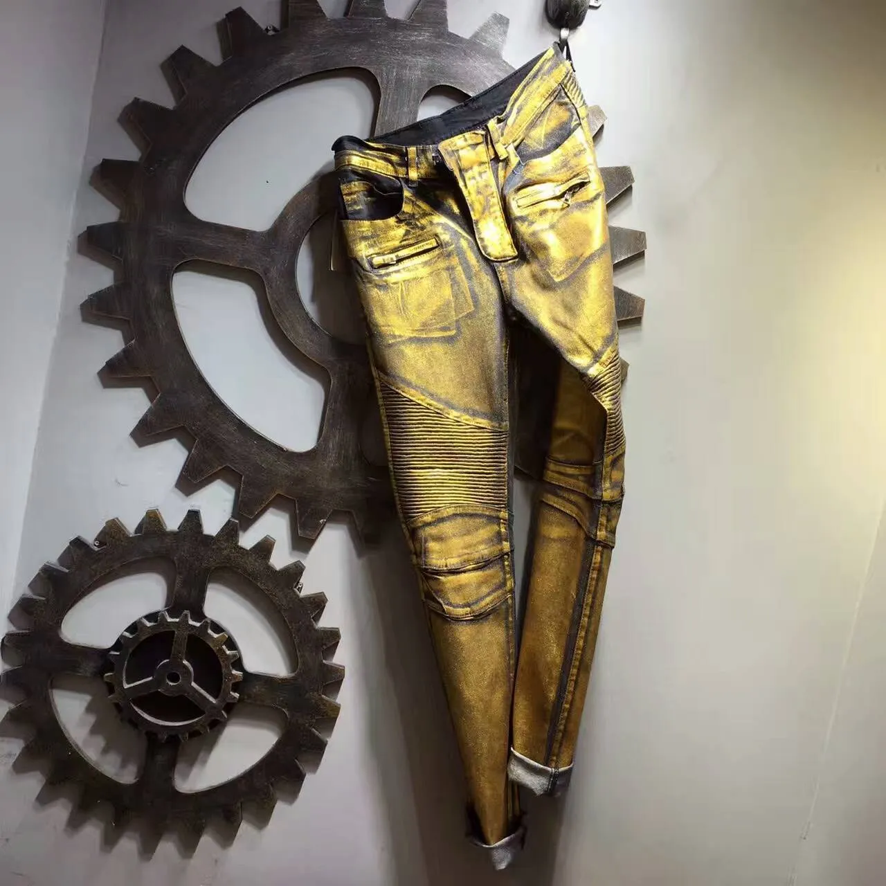 Pantalons Distressed Moto-Style Or Métallique 8