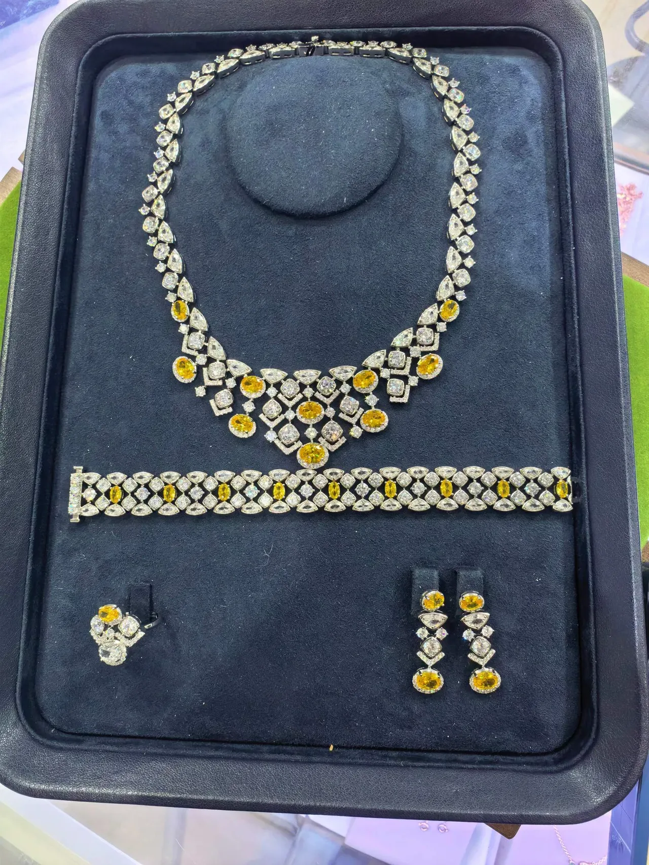 Multi-Stone Pave-Set Geometric V-Bib Necklace 4
