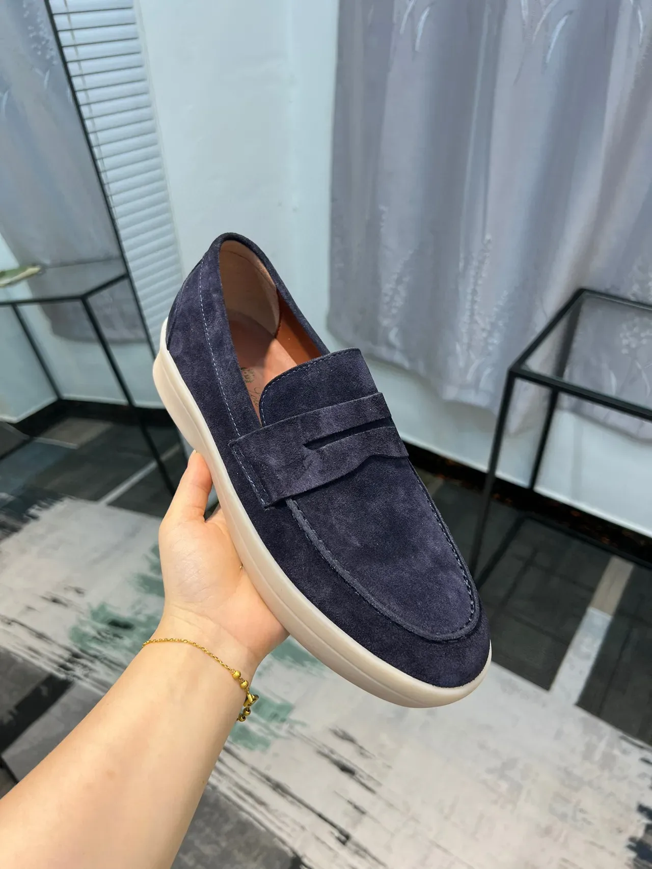 Navy Beige Suede Penny Loafer 7