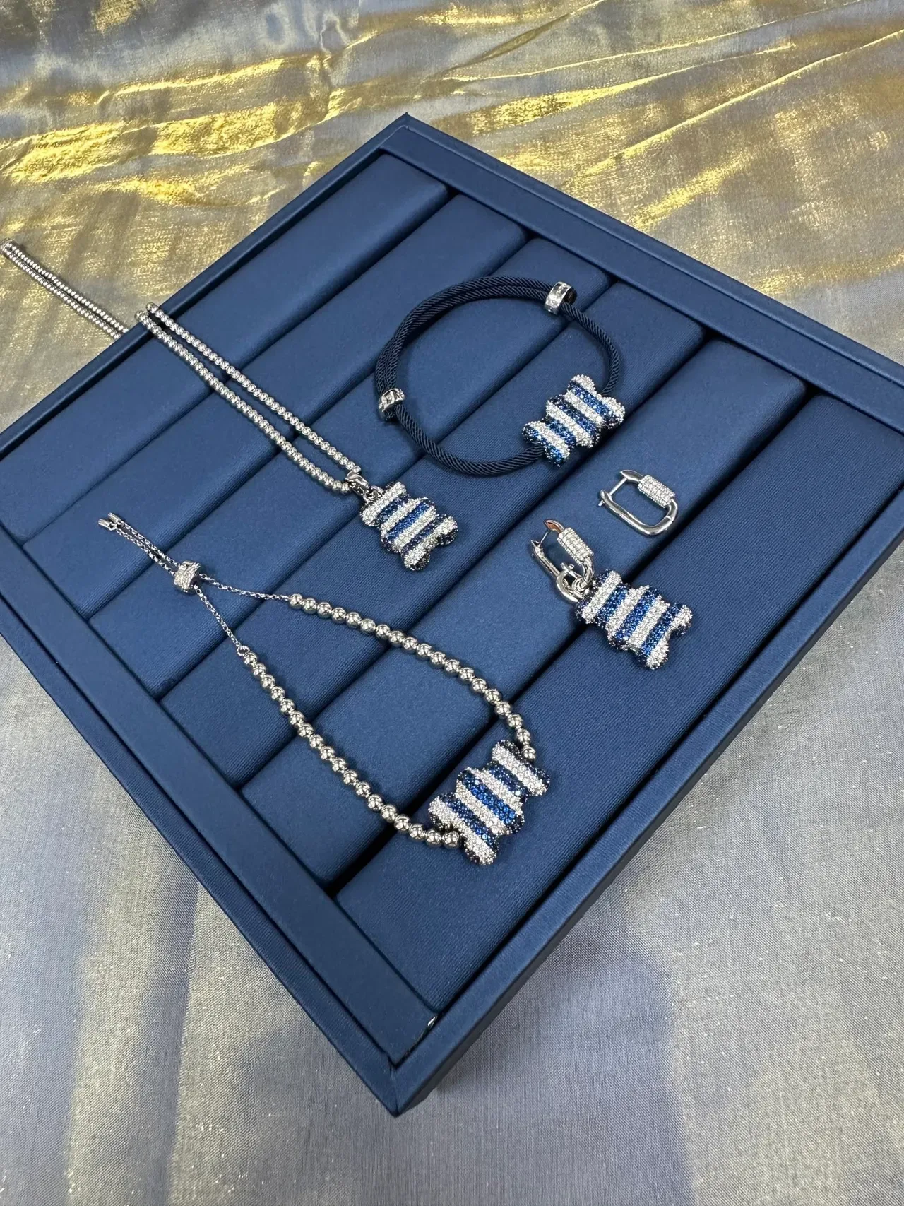 Navy Blue Pavé-Set Striped Centerpiece Braided Cord Bracelet 2