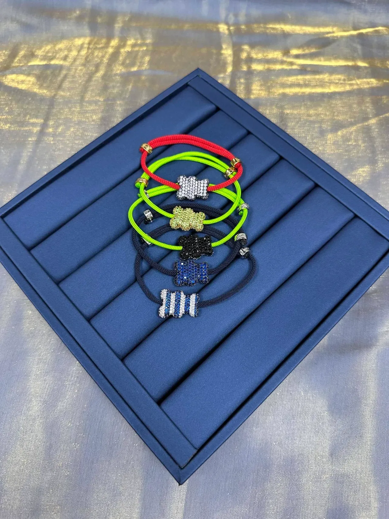 Navy Blue Pavé-Set Striped Centerpiece Braided Cord Bracelet 5