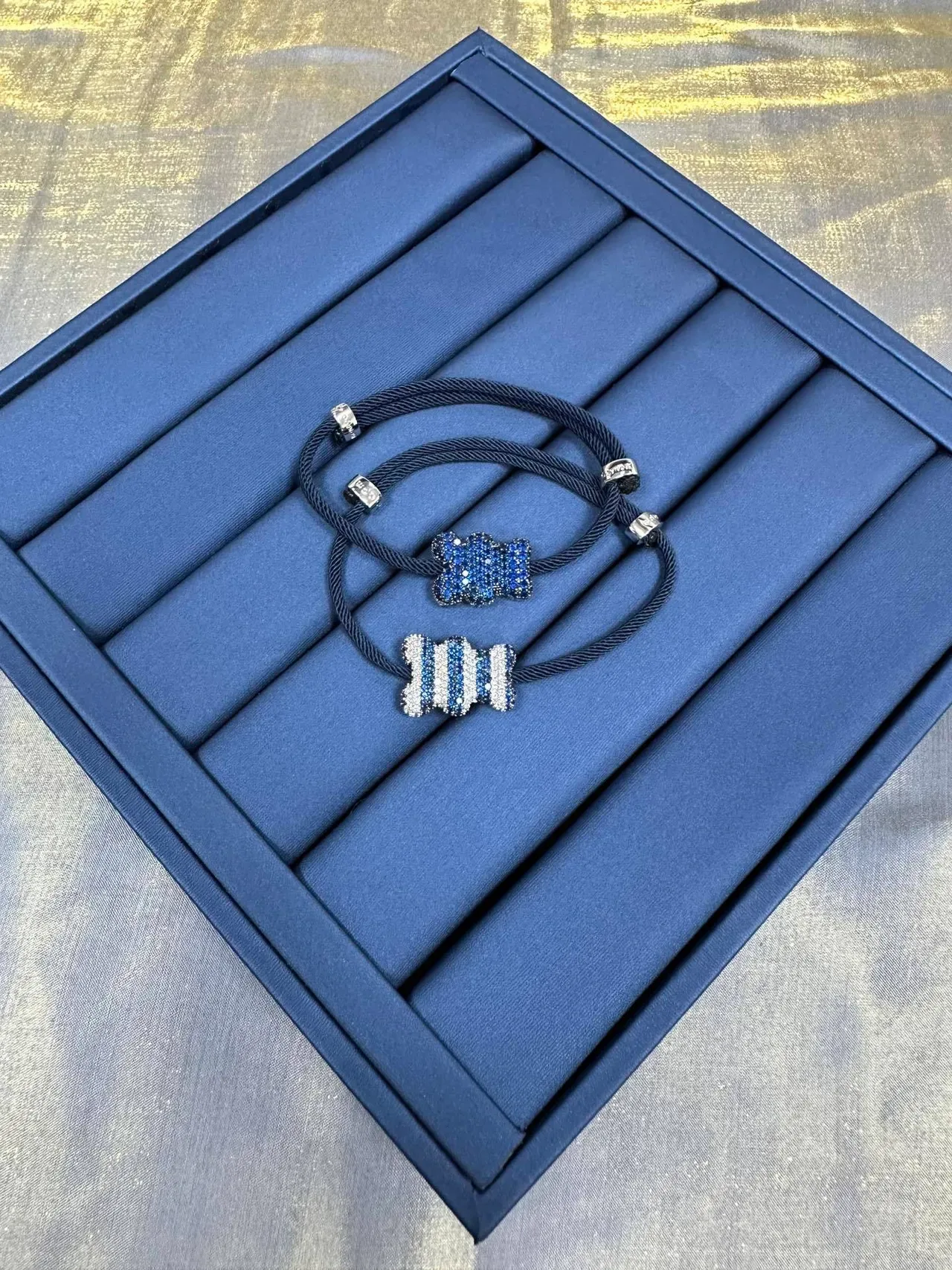 Navy Blue Pavé-Set Striped Centerpiece Braided Cord Bracelet 6