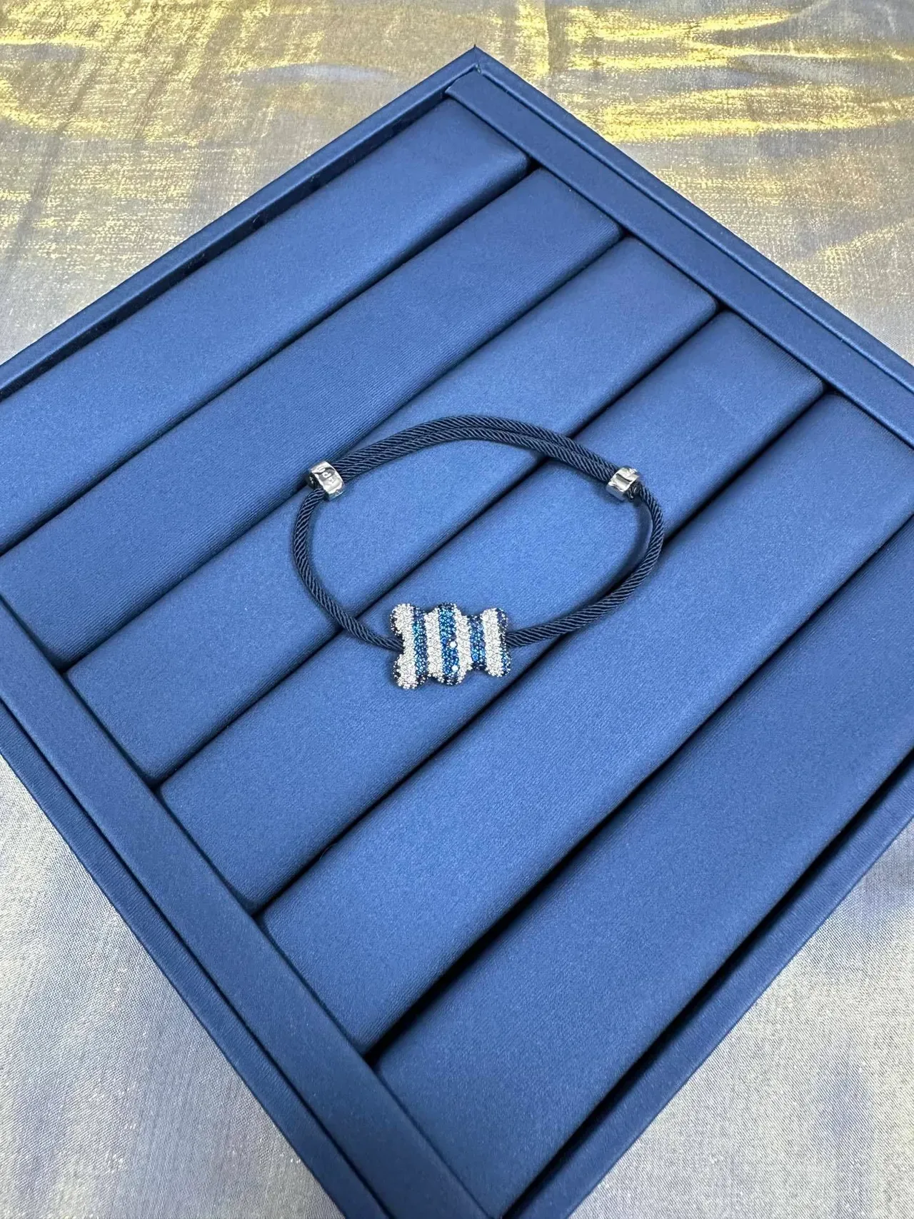 Navy Blue Pavé-Set Striped Centerpiece Braided Cord Bracelet 7