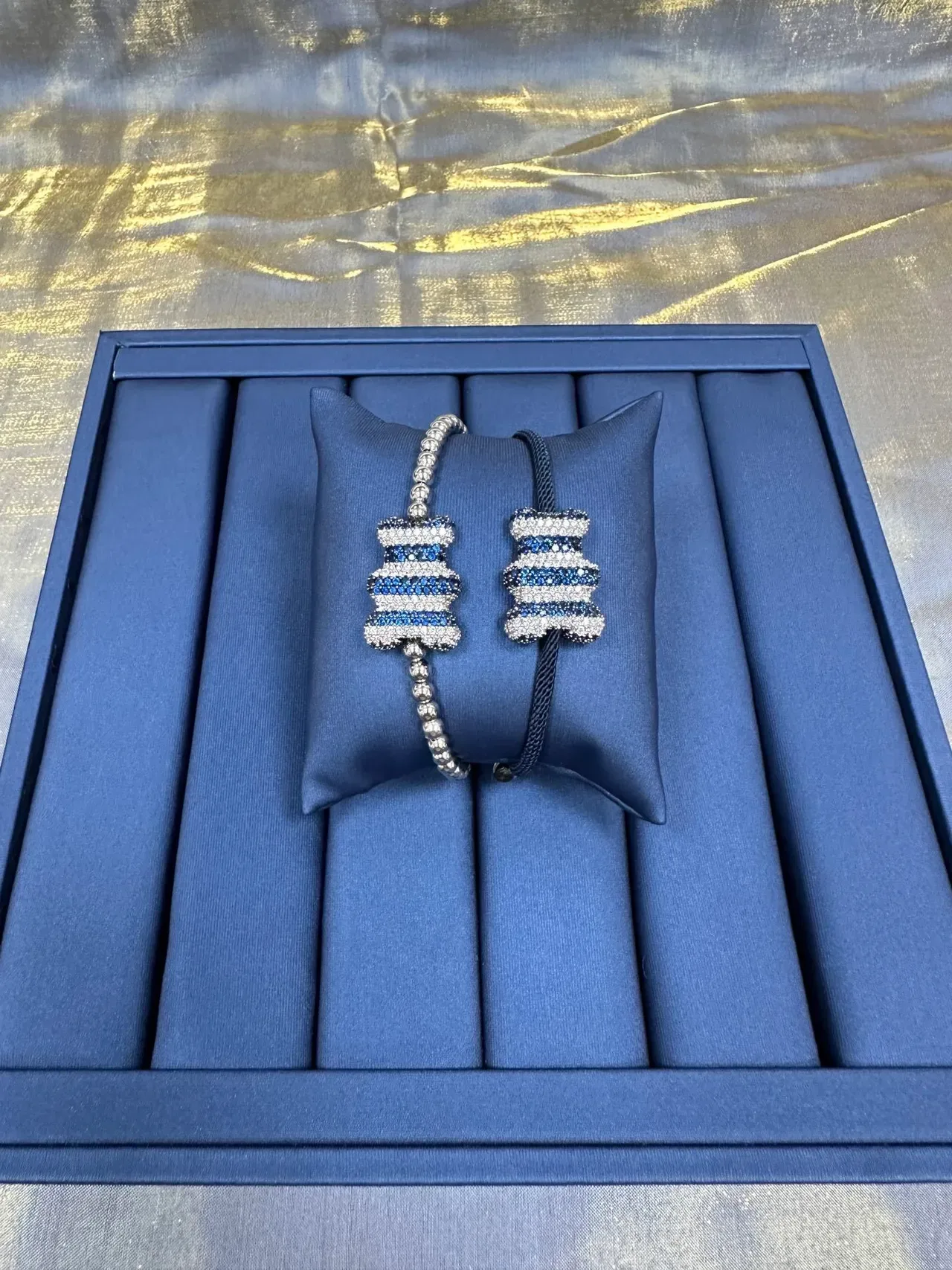 Navy Blue Pavé-Set Striped Centerpiece Braided Cord Bracelet 8