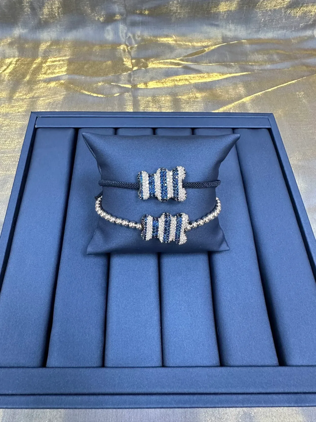 Navy Blue Pavé-Set Striped Centerpiece Braided Cord Bracelet 9
