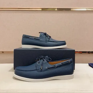 Navy Peppled Leather Moc-Toe Boat Shoes
