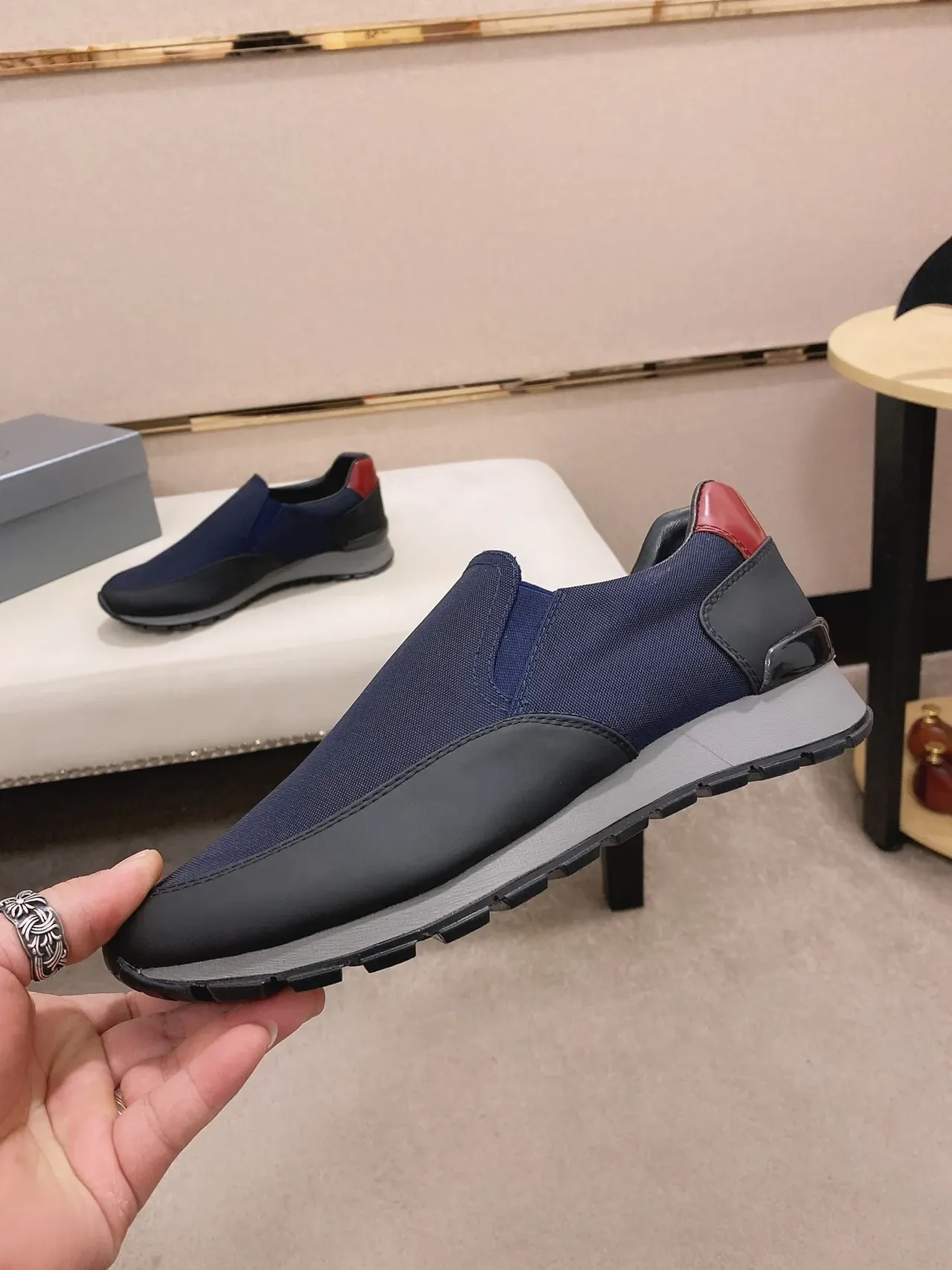 Navy Red Slip-On Textile Upper Sneakers 9