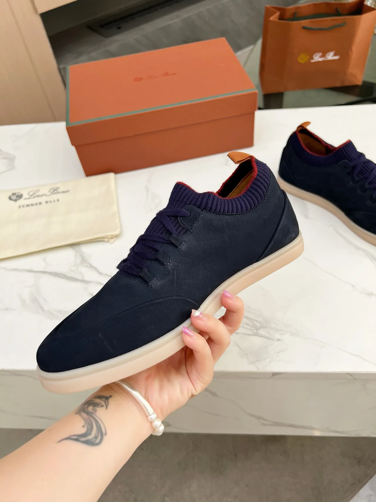 Navy Suede Knit-Collar Lace-Up Casual Shoes 3