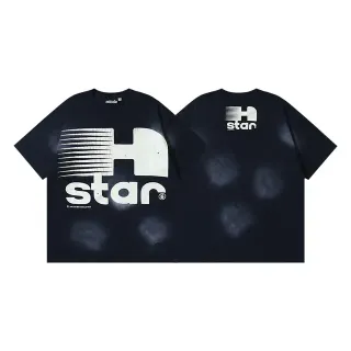 Camiseta oversize azul marino y blanca con estampado gráfico delante y detrás