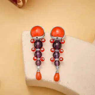 Orange Purple Multi-Gem Dangle Cabochon Top Jewelry