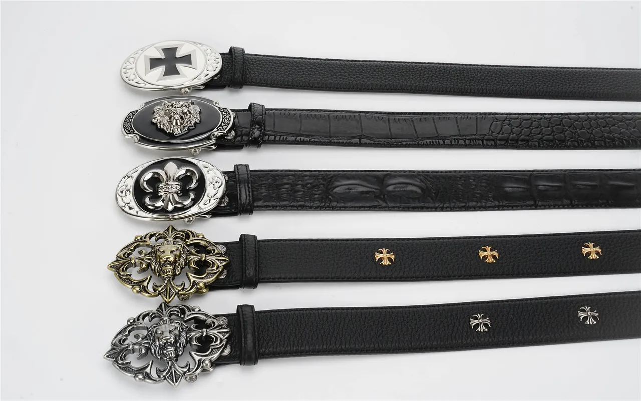 Ornate Lion-Head Buckle Black Pebbled Leather Belt 2