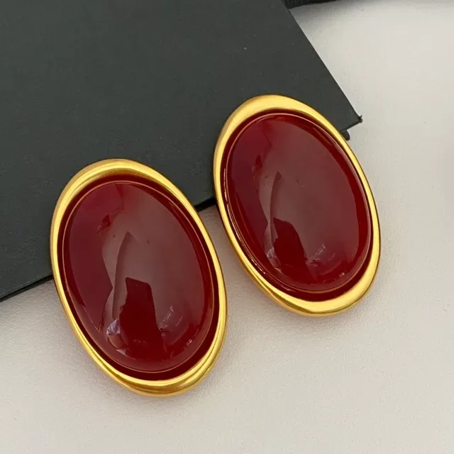 Oval Cabochon Red Stone Gold-Tone Earrings 6