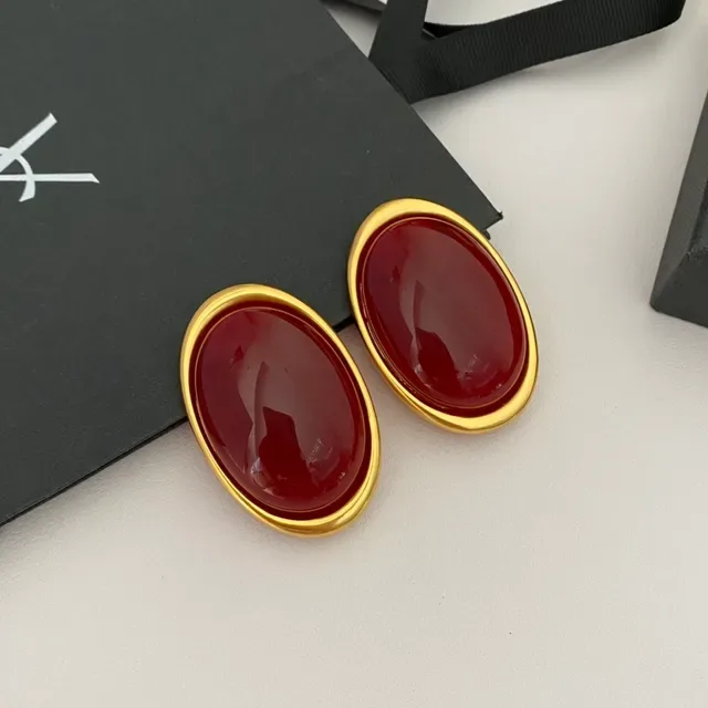 Oval Cabochon Red Stone Gold-Tone Earrings 9