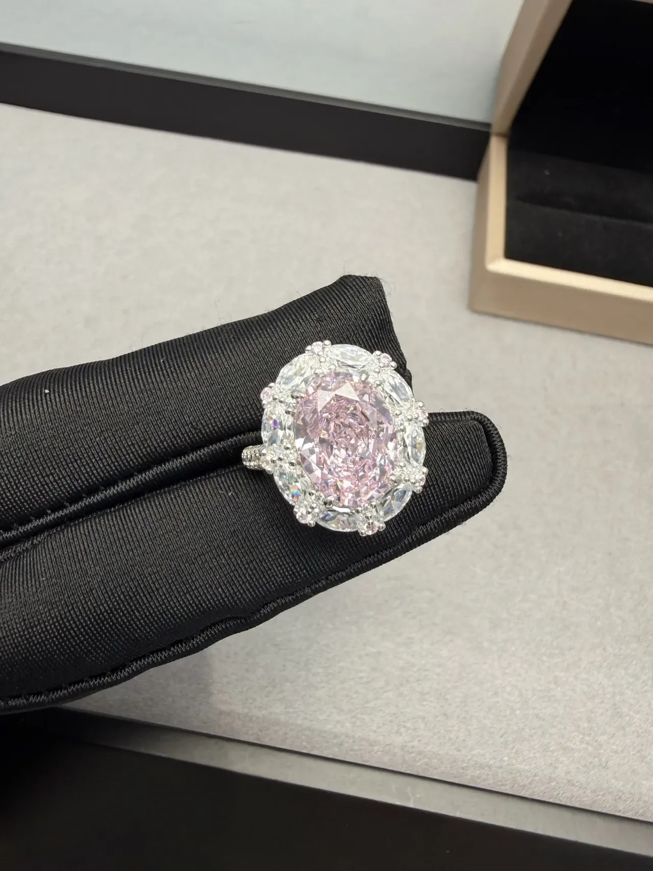 Oval Pink Gemstone Halo Cluster Ring 2