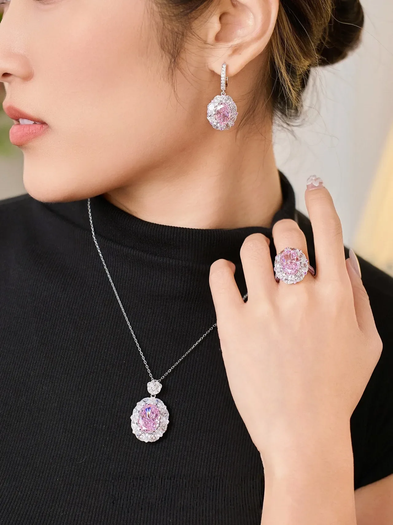 Oval Pink Gemstone Halo Cluster Ring 9