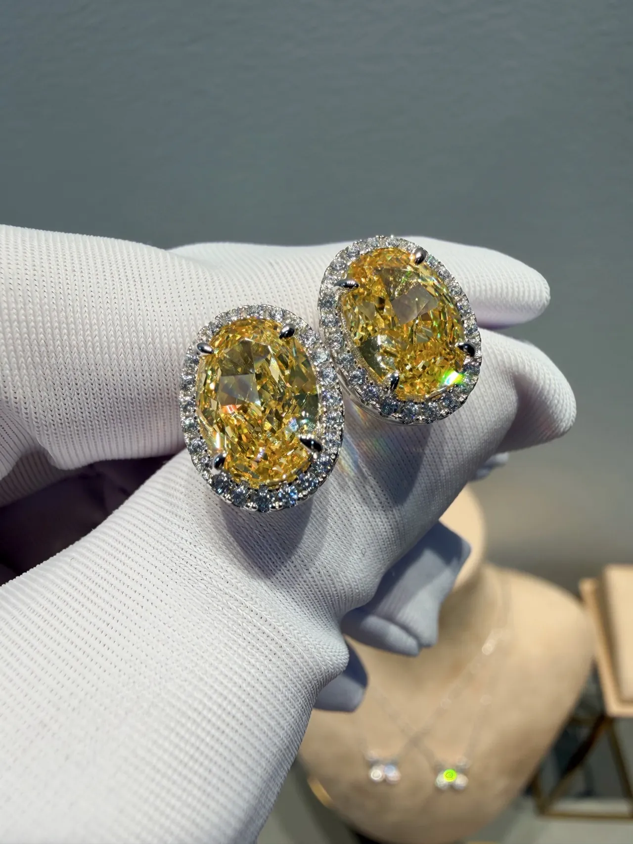 Oval Yellow Gemstone Halo Stud Earrings 7