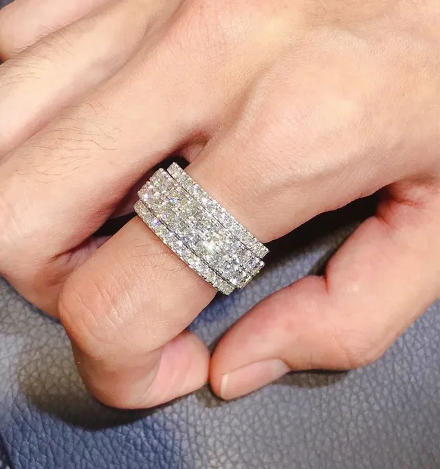 Piaget Possession Silver Gold Wide Pavé Band Multi-Row Diamond Setting Ring 9