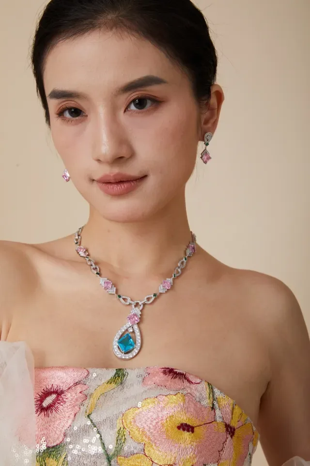 Pink and Green Square-Cut Gemstone Pavé Drop Earrings 6