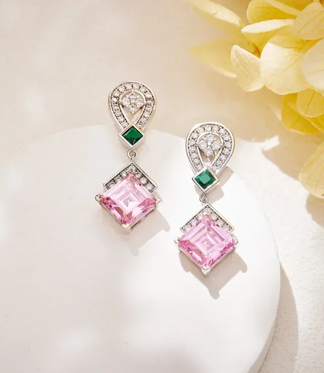 Pink and Green Square-Cut Gemstone Pavé Drop Earrings 7