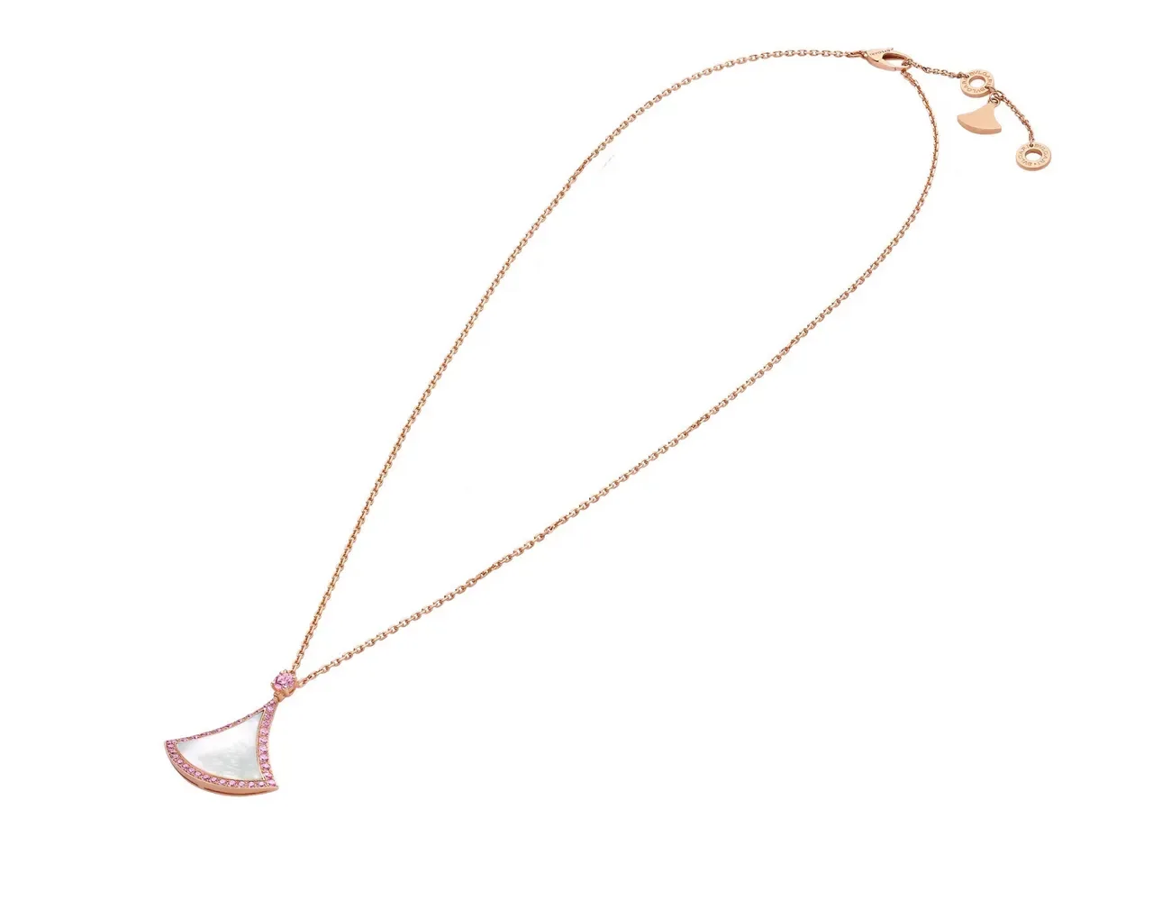 Colar de ouro rosa com pingente em forma de leque com borda de gemas pavé 2