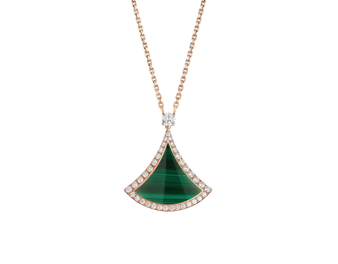 Colar de ouro rosa com pingente em forma de leque com borda de gemas pavé 3