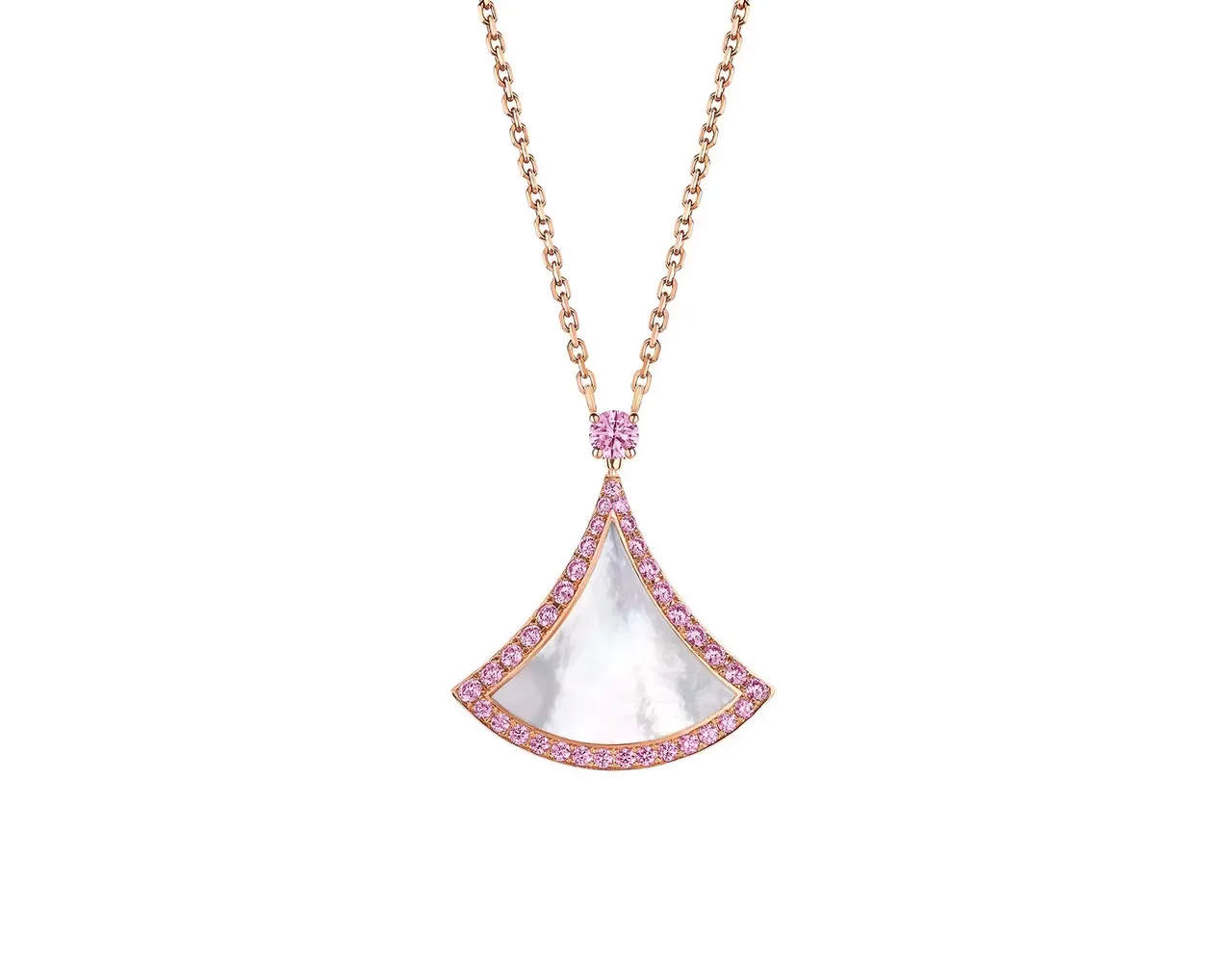 Colar de ouro rosa com pingente em forma de leque com borda de gemas pavé 6