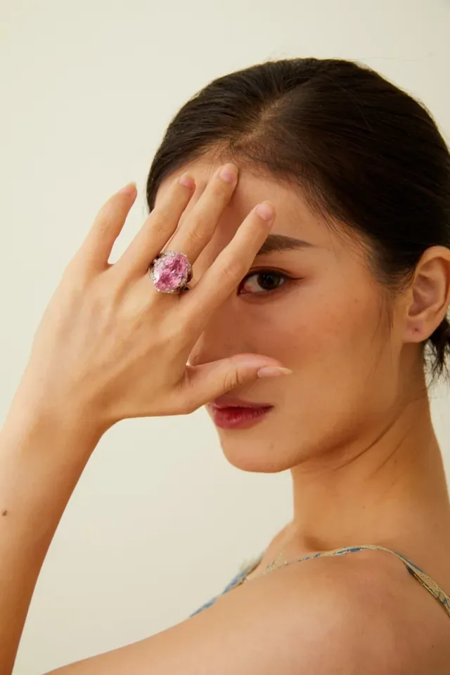 Pink Gold Oval-Cut Gemstone Ornate White Metal Halo Setting Ring 2