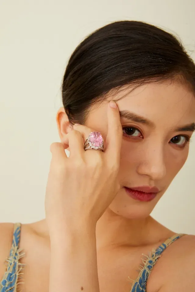 Pink Gold Oval-Cut Gemstone Ornate White Metal Halo Setting Ring 4