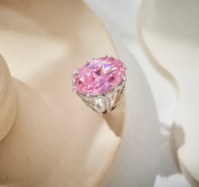 Pink Gold Oval-Cut Gemstone Ornate White Metal Halo Setting Ring 7