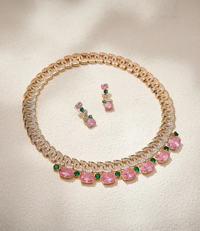 Collier chaîne chunky curb-link rose et vert pavé-set de pierres blanches 4