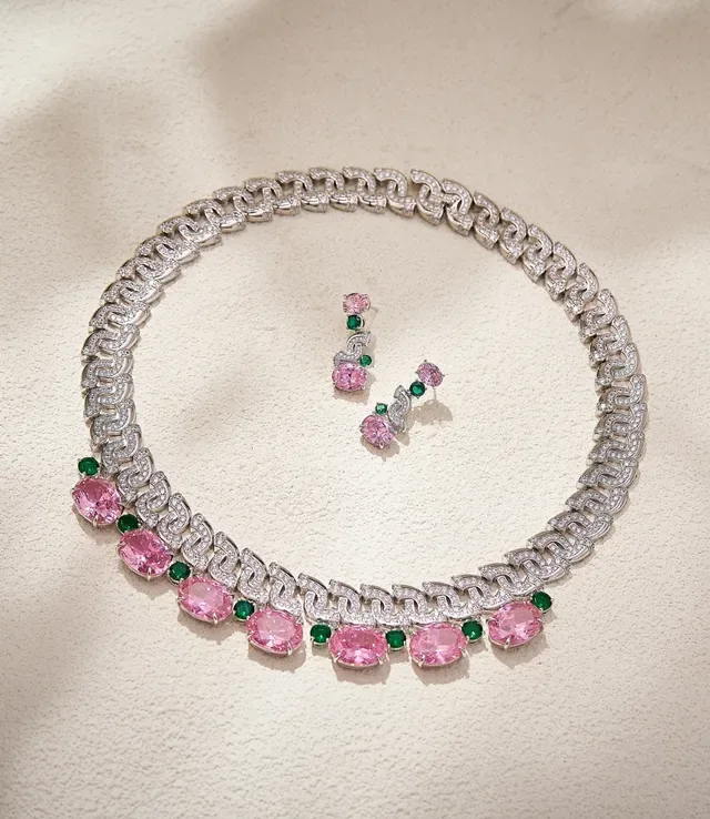 Collier chaîne chunky curb-link rose et vert pavé-set de pierres blanches 5