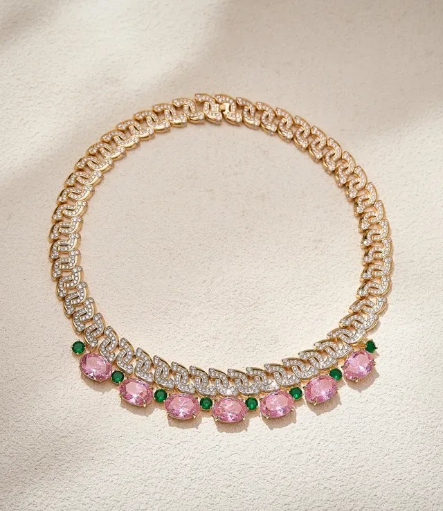 Collier chaîne chunky curb-link rose et vert pavé-set de pierres blanches 6