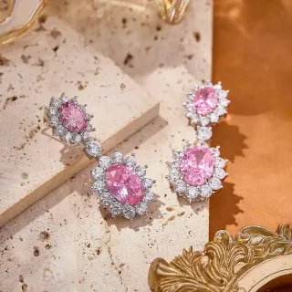 Brincos de gema oval rosa com duplo gotejamento e halo