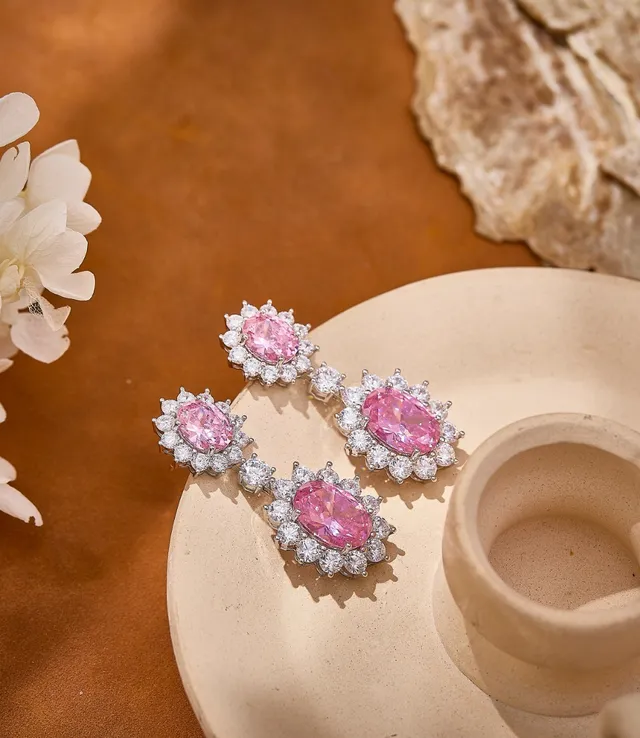 Pink Oval Gemstone Double-Drop Halo Earrings 4