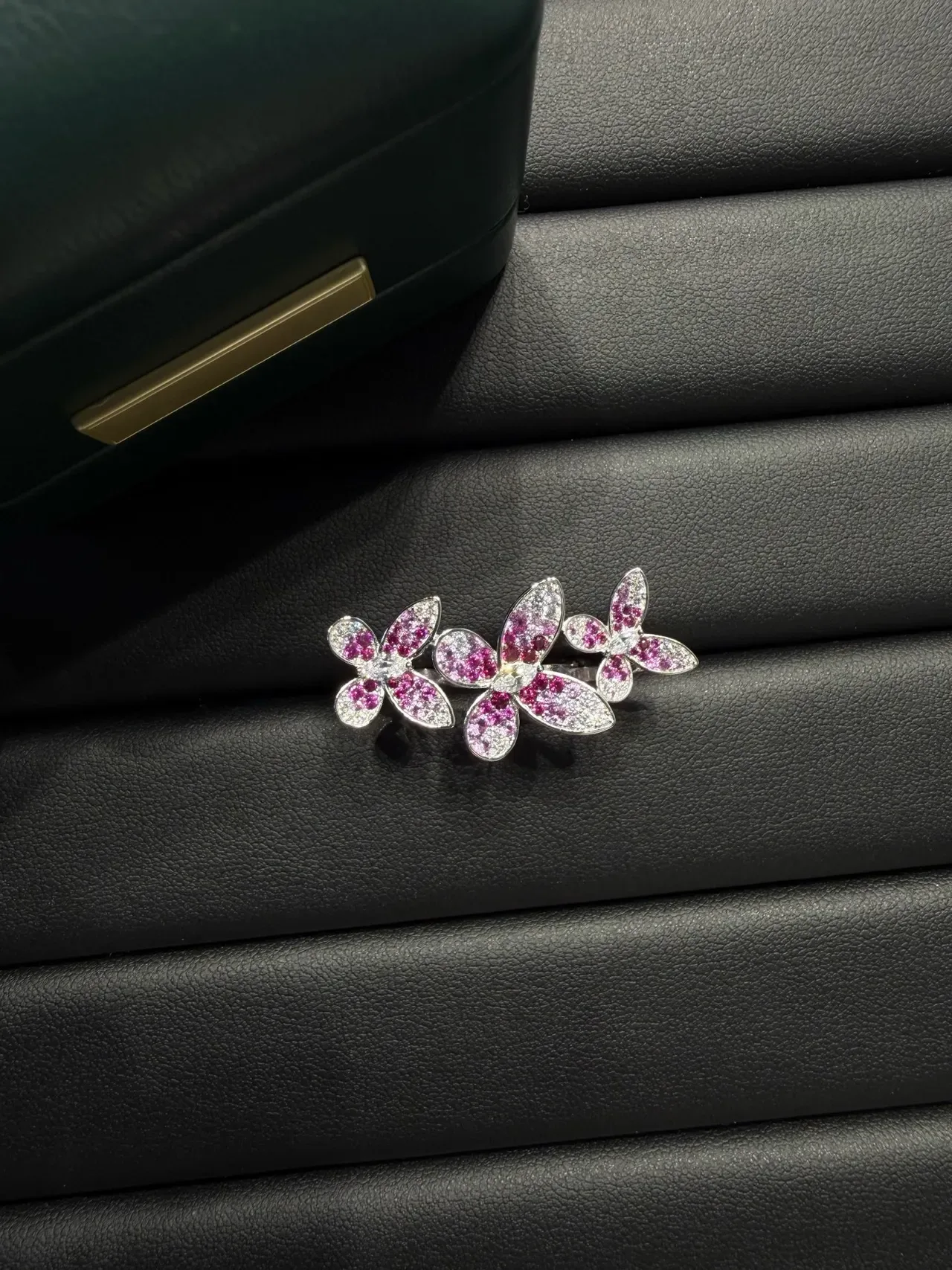 Pink White Three-Flower Cluster Pavé-Set Gemstones Ring 6
