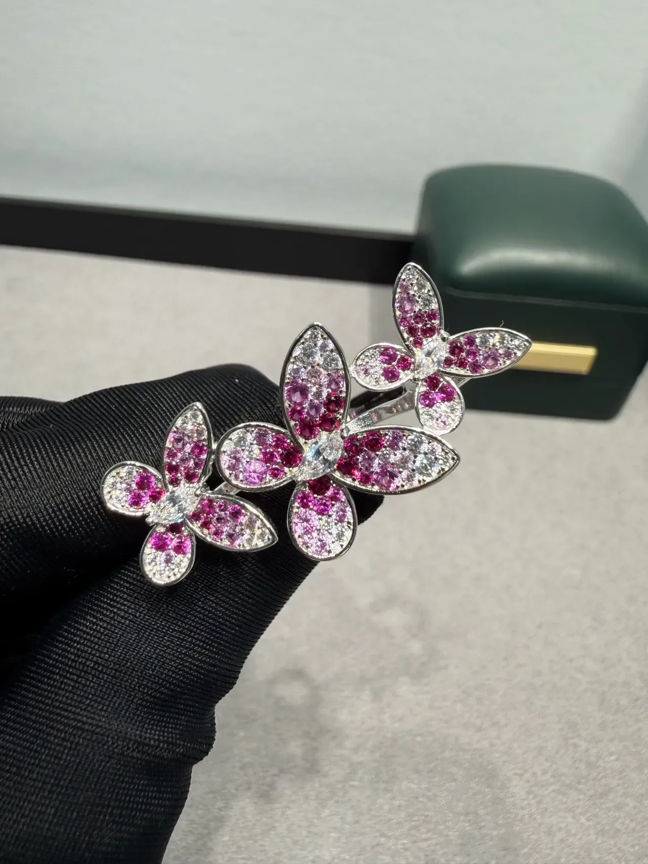 Pink White Three-Flower Cluster Pavé-Set Gemstones Ring 8