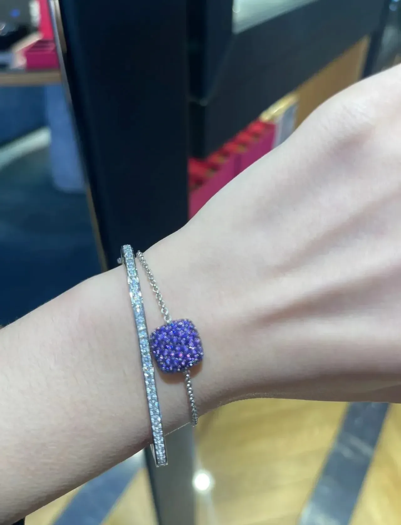 Purple Silver Pavé-Set Square Charm Bracelet 6