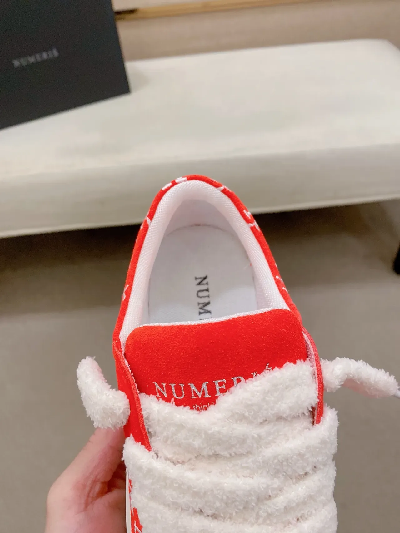 Red White Suede Upper Fluffy Strap Sneakers 4