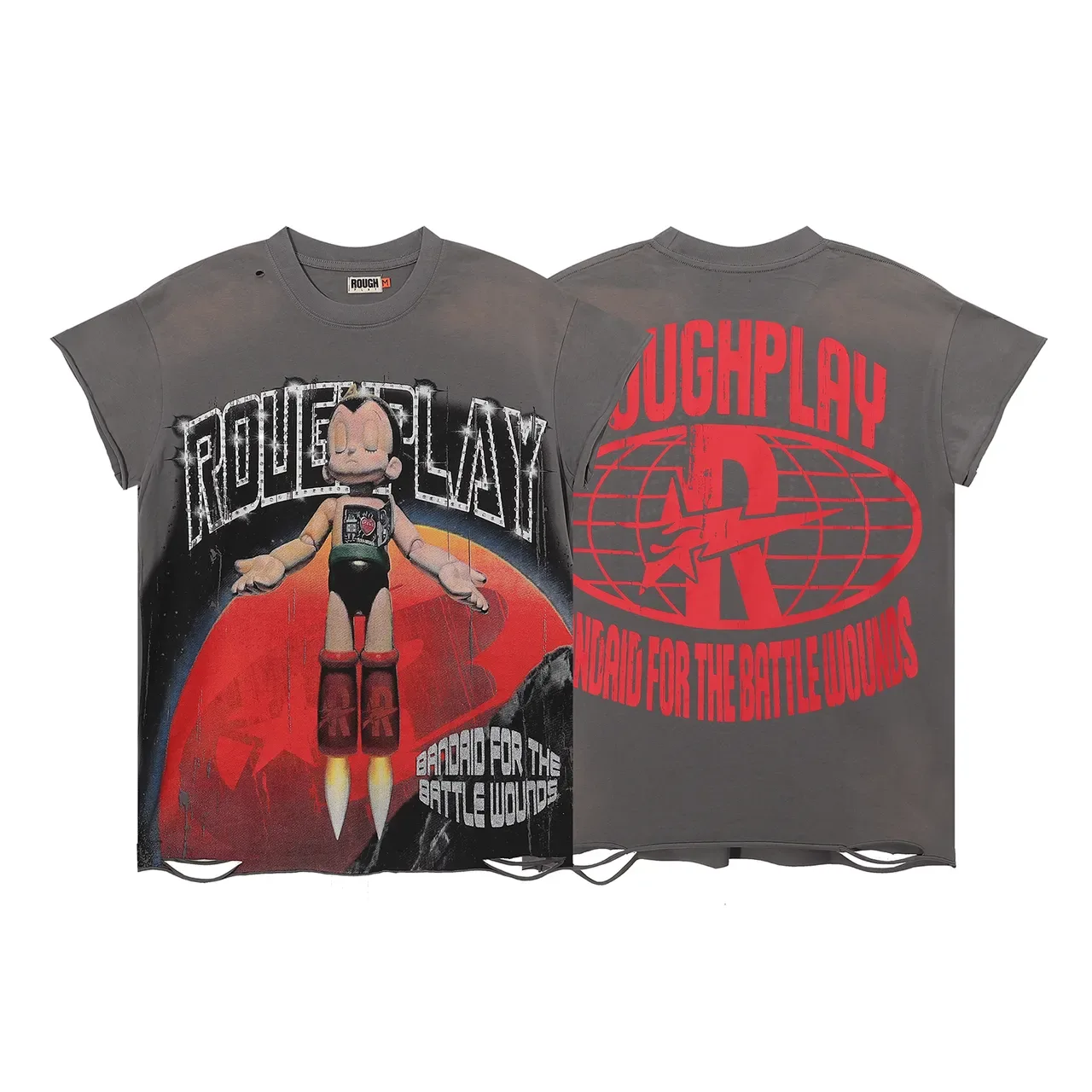 ROUGH Graphic Print Distressed Gray T-Shirt 4